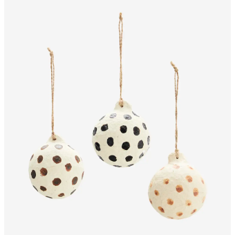 Lot de 3 boules de Noël en papier mâché à pois